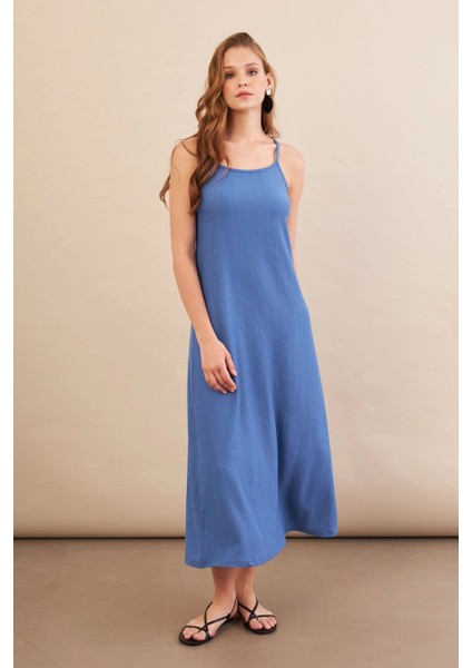 Kadın İndigo Ayarlanabilir Askılı Bürümcük Midi Elbise MX9455 fırsatları