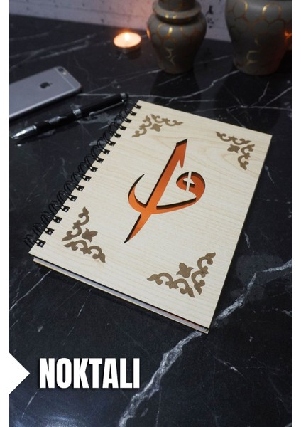 Elif Vav Temalı Ahşap Kapaklı Defter - Noktalı Defter - Ajanda - Okul Defteri (A5 - 120 Sayfa)