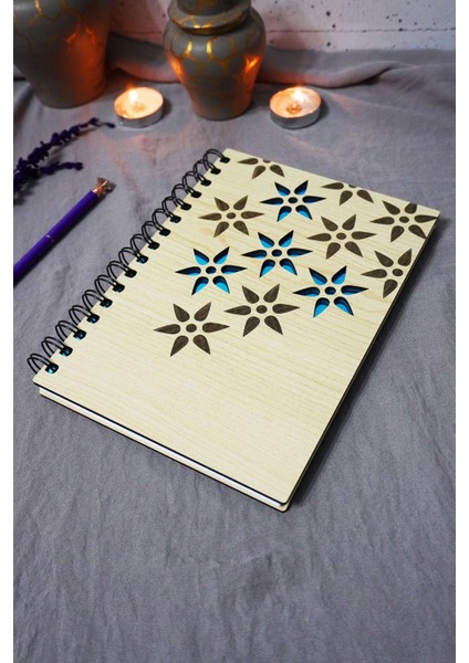 Çiçek Desenli Ahşap Kapaklı Defter - Çizgisiz Defter - Günlük - Ajanda-Hediyelik-A5 Anı Defteri