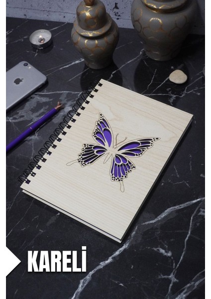 Kelebek Temalı Ahşap Kapaklı Defter - Kareli Defter - Ajanda - Okul Defteri (A5 - 120 Sayfa)