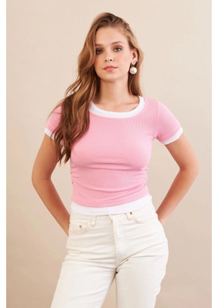 Kadın Pembe Büzgülü Beyaz Garnili Bluz MX9465 fiyatları