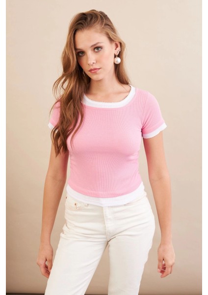 Kadın Pembe Büzgülü Beyaz Garnili Bluz MX9465 fırsatları