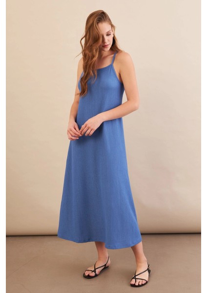 Kadın İndigo Ayarlanabilir Askılı Bürümcük Midi Elbise MX9455 indirimleri