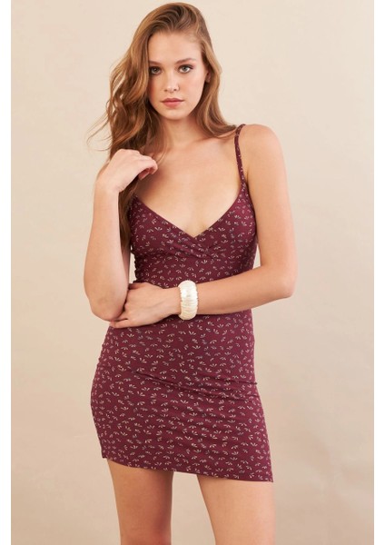 Kadın Bordo Askılı Çiçekli Mini Elbise LPP1129-90 indirimleri