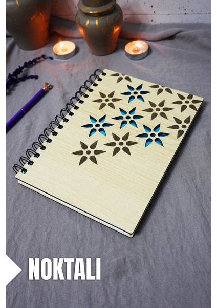 Çiçek Desenli Ahşap Kapaklı Defter - Noktalı Defter - Ajanda - Okul Defteri (A5 - 120 Sayfa)