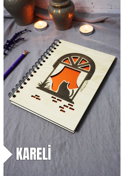 Kedi Desenli Ahşap Kapaklı Defter - Kareli Defter - Ajanda - Okul Defteri (A5 - 120 Sayfa)