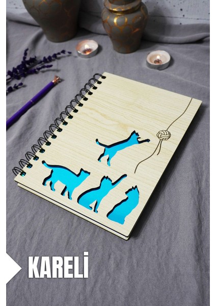 Kedi Desenli Ahşap Kapaklı Defter - Kareli Defter - Ajanda - Okul Defteri (A5 - 120 Sayfa)