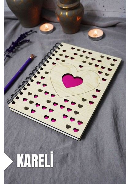 Kalp Desenli Ahşap Kapaklı Defter - Kareli Defter - Ajanda - Okul Defteri (A5 - 120 Sayfa)