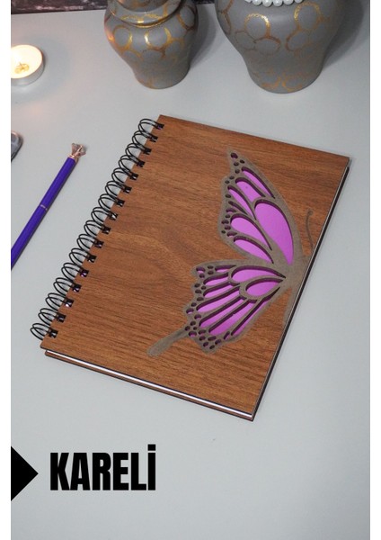 Kelebek Temalı Ahşap Kapaklı Defter - Kareli Defter - Ajanda - Okul Defteri (A5 - 120 Sayfa)