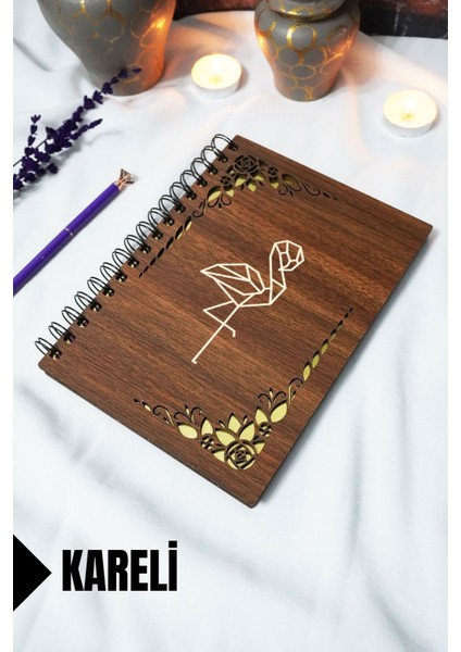 Flamingo Ahşap Kapaklı Spiralli Okul Defteri - Kareli Defter - 60 Yaprak (120 Sayfa) - A5 15X21 cm