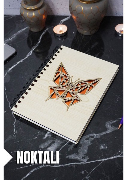 Kelebek Temalı Ahşap Kapaklı Defter - Noktalı Defter - Ajanda - Okul Defteri (A5 - 120 Sayfa)