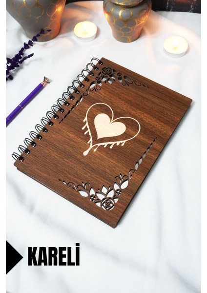 Kalp Ahşap Kapaklı Defter - Kareli Defter - 60 Yaprak (120 Sayfa) - A5 15X21 cm - Sevgiliye Hediye
