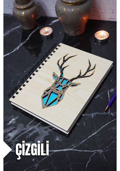 Geyik Figürlü Ahşap Kapaklı Defter - Çizgili Defter - Ajanda - Okul Defteri (A5 - 120 Sayfa)
