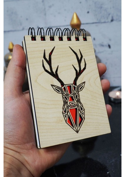 Geyik Figülü Ahşap Kapaklı Not Defteri - Mini Defter - Cep Defteri - Benim Listem