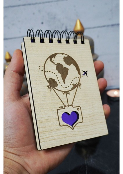 Balon Temalı Ahşap Kapaklı Not Defteri - Mini Defter - Cep Defteri - Benim Listem