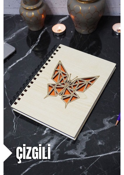 Kelebek Temalı Ahşap Kapaklı Defter - Çizgili Defter - Ajanda - Okul Defteri (A5 - 120 Sayfa)