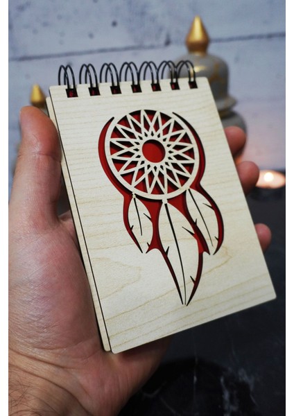 Rüya Kapanı Temalı Ahşap Kapaklı Not Defteri - Mini Defter - Cep Defteri - Benim Listem