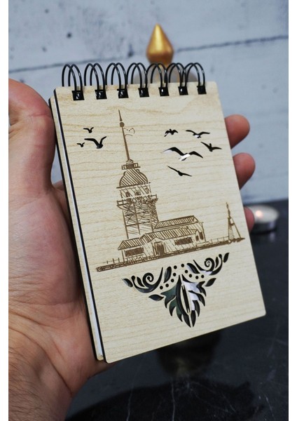 Kız Kulesi Temalı Ahşap Kapaklı Not Defteri - Mini Defter - Cep Defteri - Benim Listem