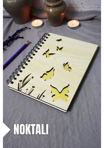 Kelebek Desenli Ahşap Kapaklı Defter - Noktalı Defter - Ajanda - Okul Defteri (A5 - 120 Sayfa)
