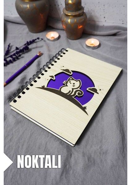 Kedi Desenli Ahşap Kapaklı Defter - Noktalı Defter - Ajanda - Okul Defteri (A5 - 120 Sayfa)