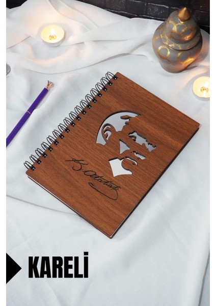 Atatürk Temalı Ahşap Kapaklı Defter - Kareli Defter - Ajanda - Okul Defteri (A5 - 120 Sayfa)
