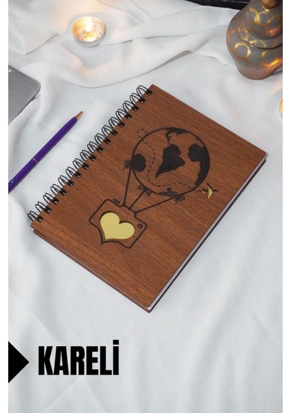 Uçan Balon Temalı Ahşap Kapaklı Defter - Kareli Defter - Ajanda - Okul Defteri (A5 - 120 Sayfa)