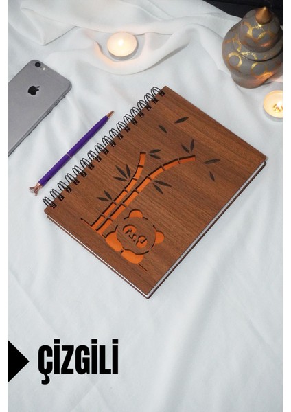 Panda Temalı Ahşap Kapaklı Defter - Çizgili Defter - Ajanda - Okul Defteri (A5 - 120 Sayfa)