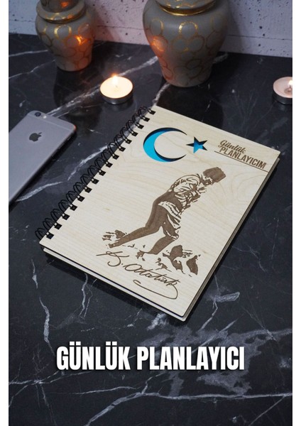 Mustafa Kemal Atatürk Ahşap Plan Defteri - Tarihsiz Ajanda - Günlük Planlayıcı (Planlama Defteri) A5