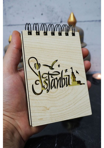 Istanbul Temalı Ahşap Kapaklı Not Defteri - Mini Defter - Cep Defteri - Benim Listem