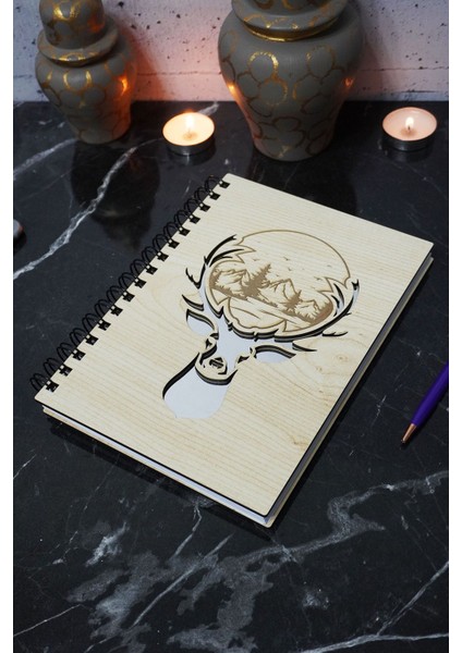 Geyik Figürlü Ahşap Kapaklı Defter - Çizgisiz Defter -Günlük - A5 Anı Defteri fiyatları