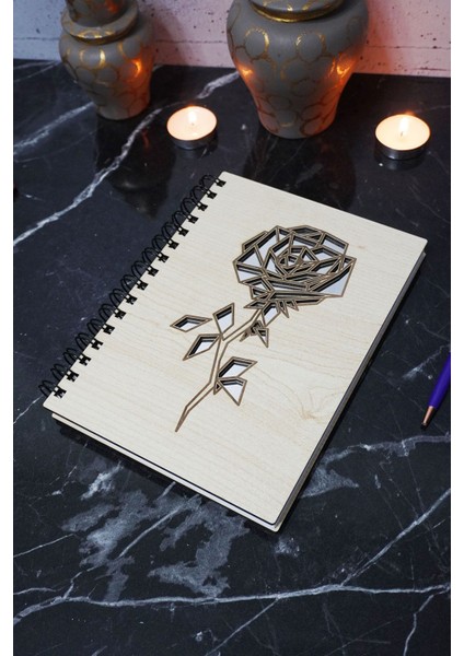 Gül Desenli Ahşap Kapaklı Defter - Çizgisiz Defter - Günlük - Ajanda- A5 Anı Defteri fiyatları