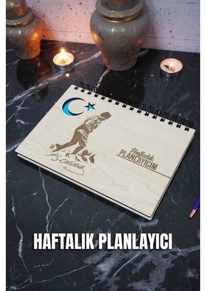 Mustafa Kemal Atatürk Ahşap Süresiz Plan Defteri - Tarihsiz Ajanda - Haftalık Planlayıcı - A5