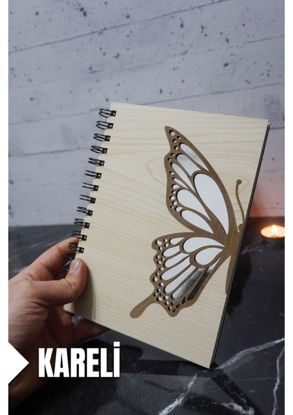 Kelebek Temalı Ahşap Kapaklı Defter - Kareli Defter - Ajanda - Okul Defteri (A5 - 120 Sayfa)