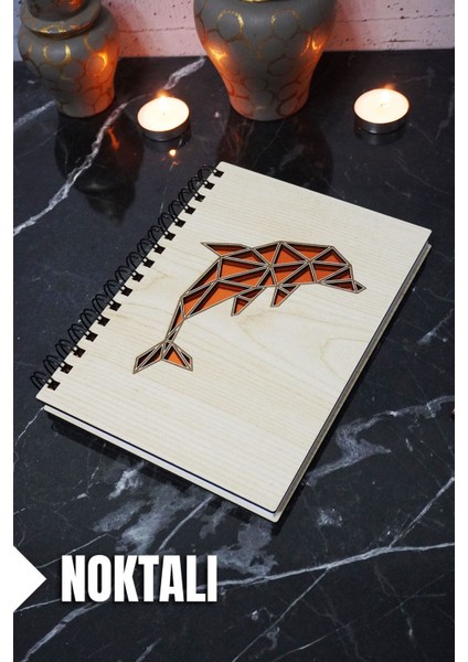 Yunus Balığı Temalı Ahşap Kapaklı Defter - Noktalı Defter - Ajanda - Okul Defteri (A5 - 120 Sayfa)
