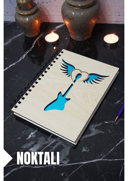 Gitar Kanat Temalı Ahşap Kapaklı Defter - Noktalı Defter - Ajanda - Okul Defteri (A5 - 120 Sayfa)