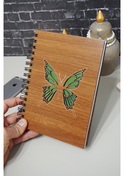 Kelebek Temalı Ahşap Kapaklı Defter - Çizgili Defter - Ajanda - Okul Defteri (A5 - 120 Sayfa) modelleri
