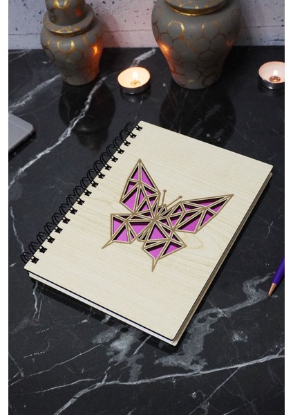 Kelebek Figürlü Ahşap Kapaklı Defter - Çizgisiz Defter - Günlük - Ajanda- A5 Anı Defteri