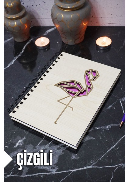 Flamingo Temalı Ahşap Kapaklı Defter - Çizgili Defter - Ajanda - Okul Defteri (A5 - 120 Sayfa)