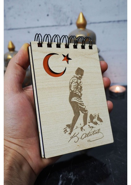 Kemal Atatürk Temalı Ahşap Kapaklı Not Defteri - Mini Defter - Cep Defteri - Benim Listem