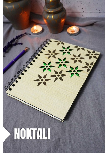 Çiçek Desenli Ahşap Kapaklı Defter - Noktalı Defter - Ajanda - Okul Defteri (A5 - 120 Sayfa)