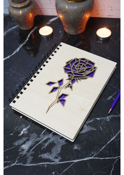 Gül Desenli Ahşap Kapaklı Defter - Çizgisiz Defter - Günlük - Ajanda- A5 Anı Defteri