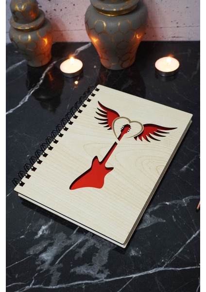Gitar Kanat Temalı Ahşap Kapaklı Defter - Çizgisiz Defter - Günlük - Ajanda- A5 Anı Defteri