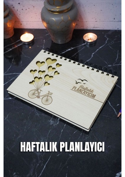 Balonlu Bisiklet Ahşap Plan Defteri - Tarihsiz Ajanda - Haftalık Planlayıcı (Süresiz Planlayıcı) A5
