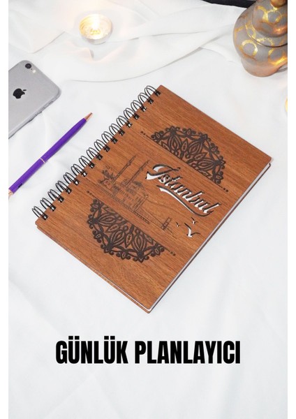 Istanbul Tasarım Ahşap Kapak Plan Defteri - Süresiz Ajanda - Günlük Planlayıcı (Ceviz) A5 Notebook