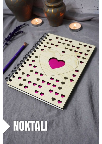 Kalp Desenli Ahşap Kapaklı Defter - Noktalı Defter - Ajanda - Okul Defteri (A5 - 120 Sayfa)