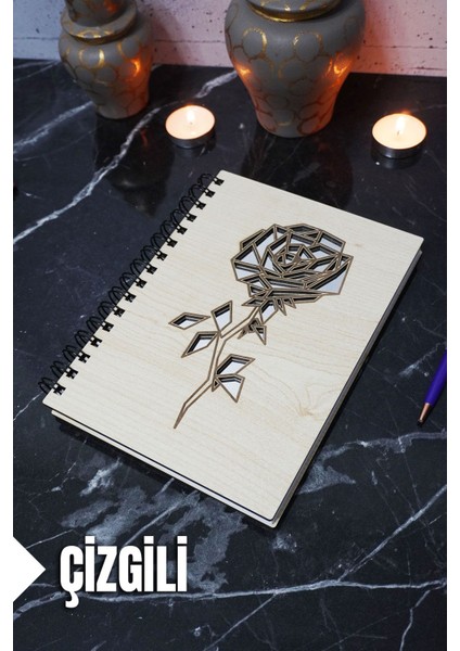 Gül Temalı Ahşap Kapaklı Defter - Çizgili Defter - Ajanda - Okul Defteri (A5 - 120 Sayfa)