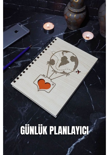 A5 Balon Tasarım Ahşap Günlük Planlayıcı Defter - Tarihsiz Ajanda (Süresiz Planlayıcı)