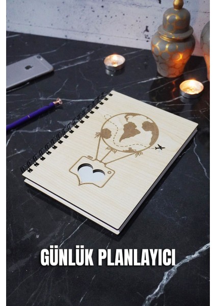 A5 Balon Tasarım Ahşap Günlük Planlayıcı Defter - Tarihsiz Ajanda (Süresiz Planlayıcı)