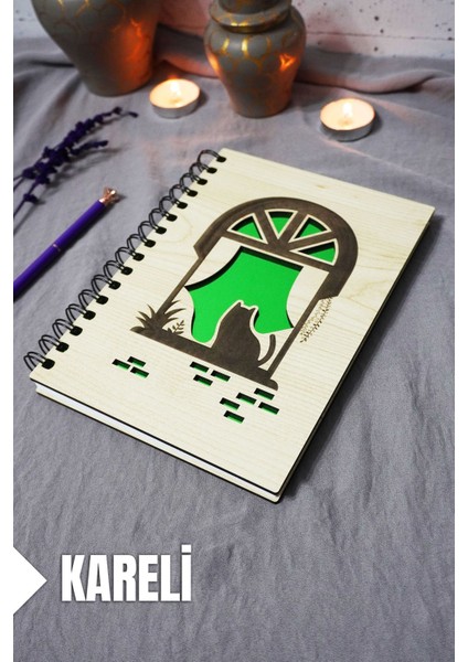 Kedi Desenli Ahşap Kapaklı Defter - Kareli Defter - Ajanda - Okul Defteri (A5 - 120 Sayfa)