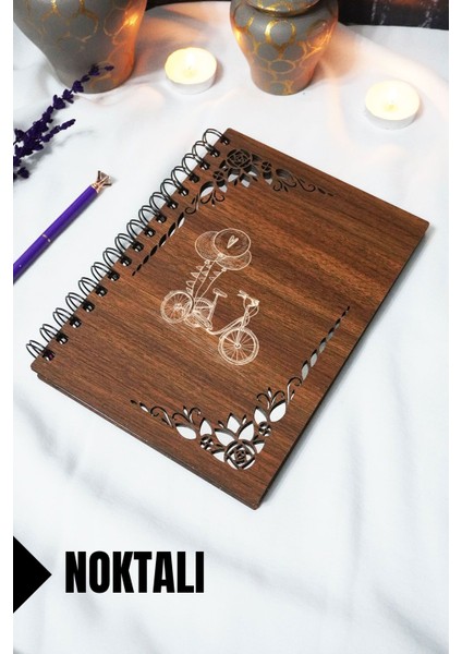Bisiklet Ahşap Kapaklı Defter - Noktalı Defter - 60 Yaprak (120 Sayfa) - A5 15X21 cm